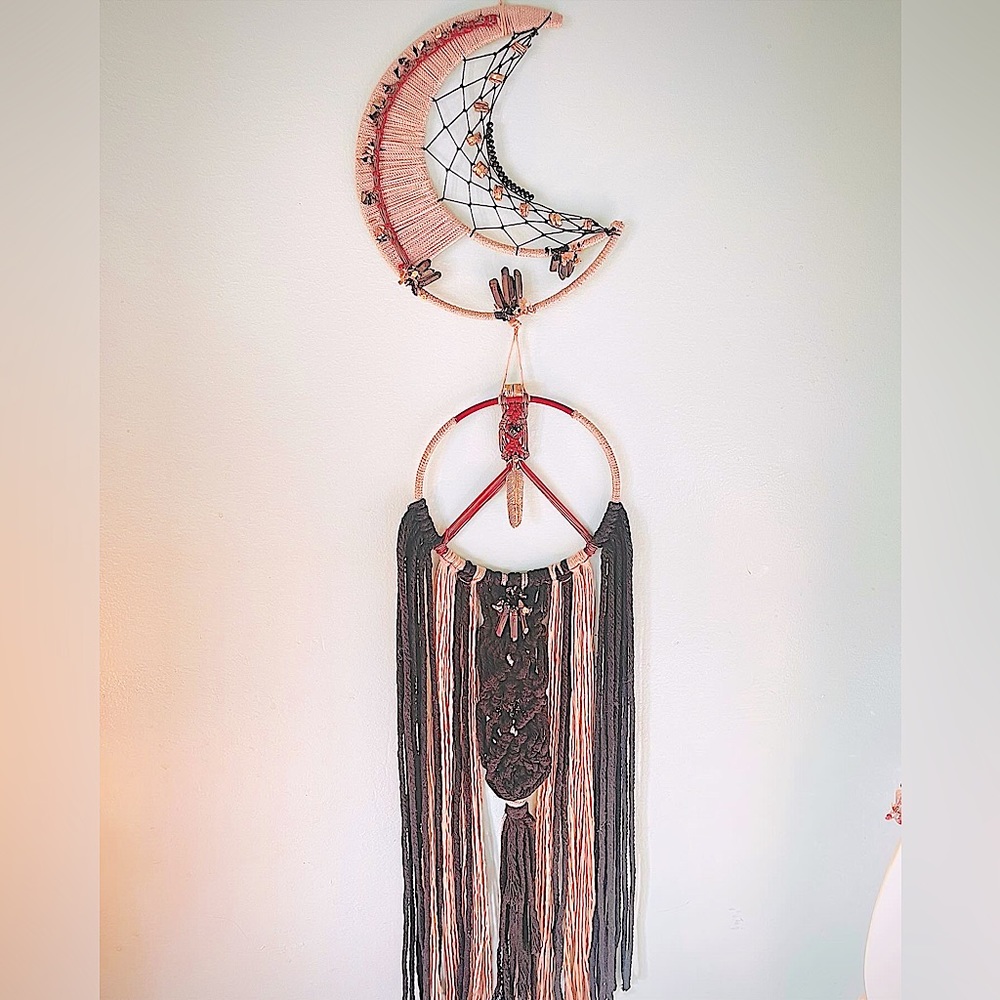 Handmade Black & Beige Macrame Moon Beaded Crystal Dream Catcher Woven Wall Art